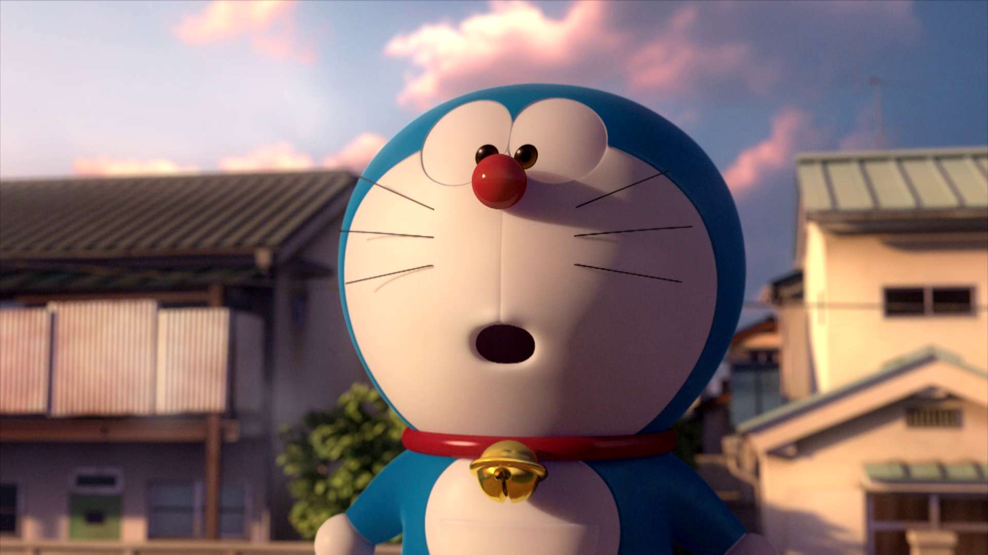 Surprised blue robotic cat with red nose and bell collar in suburban neighborhood at sunset. — Doraemon PNG