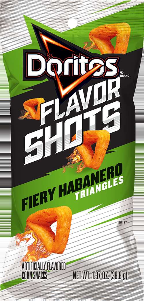 Doritos Flavor Shots Fiery Habanero Triangles snack bag with fiery graphics. — Doritos PNG
