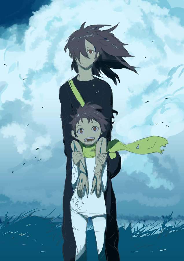 Zwei Anime-Kinder umarmen sich unter einem stürmischen Himmel, der Wind weht durch ihre Haare. — Dororo Bilder