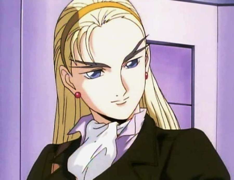 Blonde anime woman in black blazer and white shirt with red earrings. — Dorothy Catalonia Wallpaper