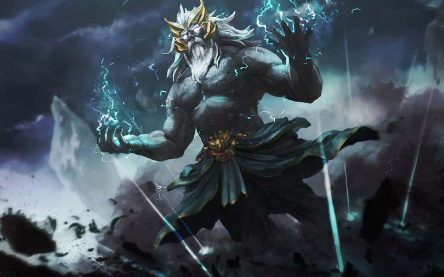 Voimakas mytologinen jumala, joka heiluttaa salamoita myrskyisellä taistelukentällä. — Dota 2 Zeus Taustakuvat
