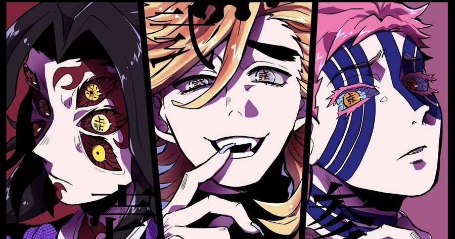 Three anime demon characters with glowing eyes and sharp expressions. — Douma Background