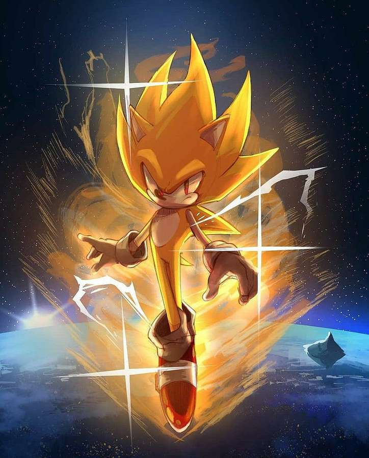Golden Sonic corre pelo espaço com rastros de energia e estrelas atrás dele. — Dourado Papéis de Parede