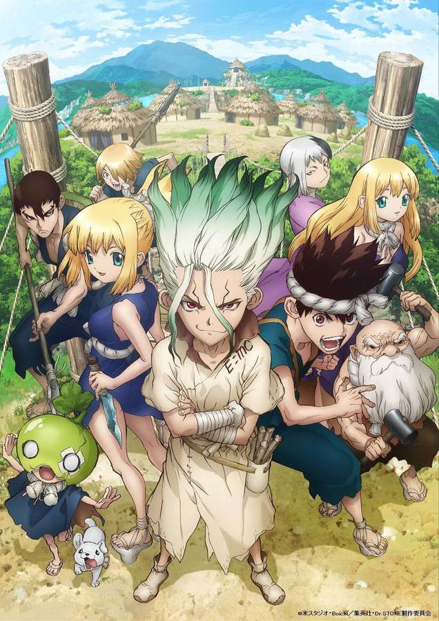 Anime-Charaktere in einem Dorf mit Bergen und strohgedeckten Hütten — Dr Stone Wallpaper