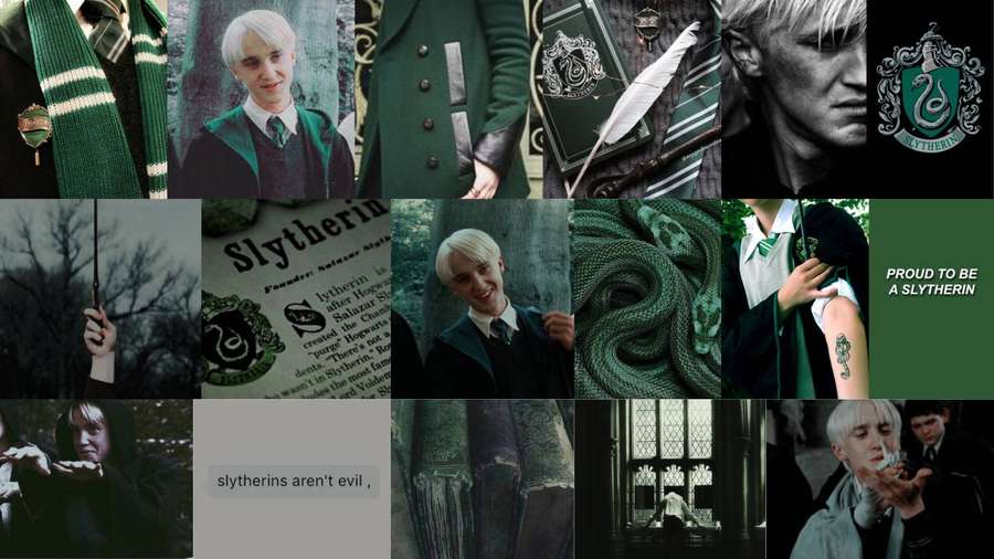 Draco Malfoy in Slytherin robes with snake symbols and house pride text. — Draco Wallpaper