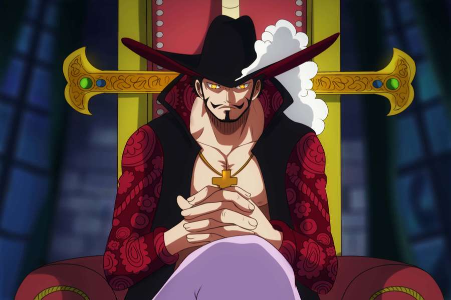 A menacing anime pirate with glowing eyes sits on a jeweled golden throne. — Dracule Mihawk Wallpaper