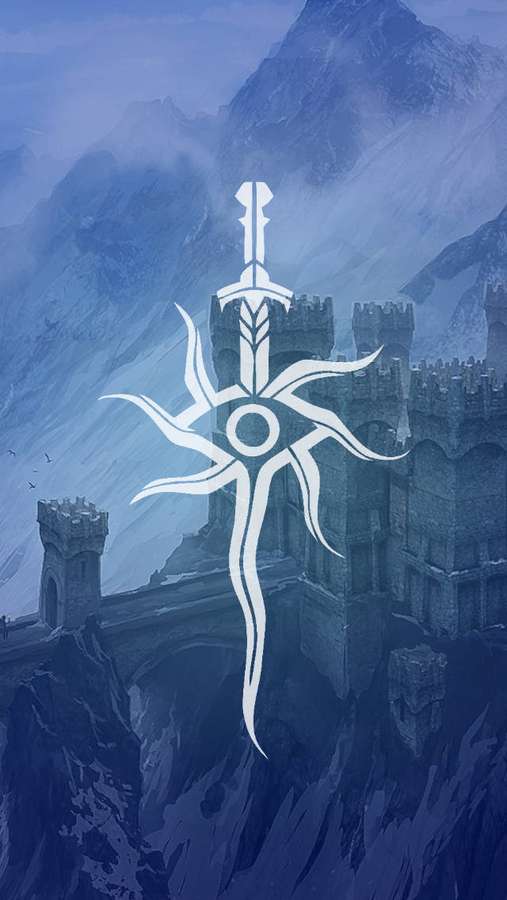 Fantasia linna vuorella, jossa hehkuva miekka symboli päällekkäin. — Dragon Age Puhelin Taustakuvat