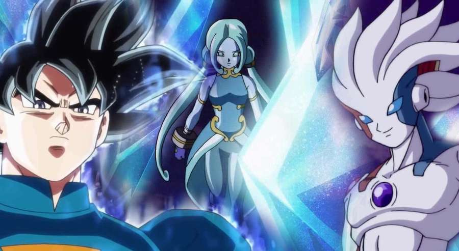 Drei Anime-Krieger in einer kosmischen Schlacht mit glühenden Energiestrahlen. — Dragon Ball Heroes Wallpaper