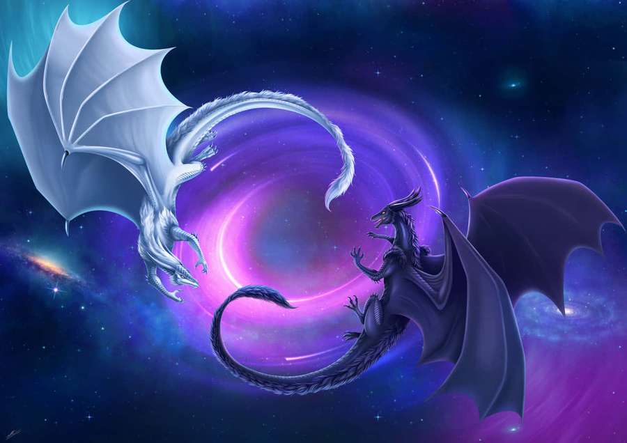Dos dragones se enfrentan en una galaxia cósmica arremolinada con estrellas púrpuras y azules. — Dragón místico Fondos de pantalla