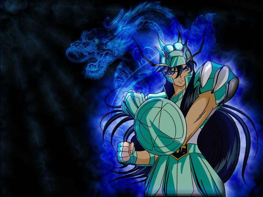 Anime warrior in teal armor with glowing blue dragon behind him. — Dragon Shiryu Wallpaper