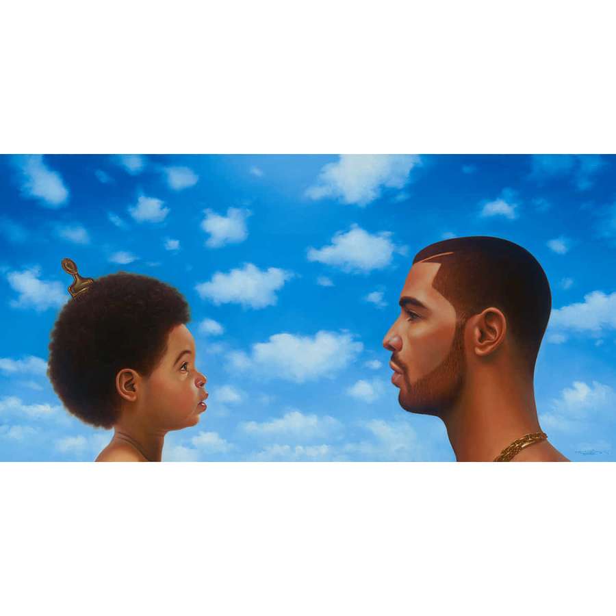 A child and man in profile facing each other under a blue sky with clouds. — Drake Nothing Was The Same Wallpaper