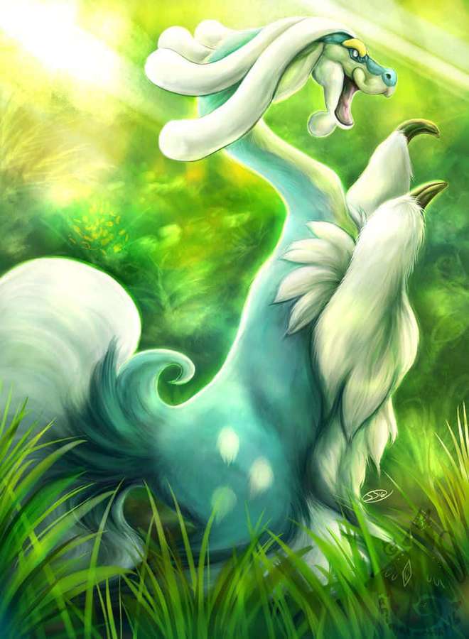 A glowing turquoise and white dragon stands in lush green grass with sunlight behind it. — Drampa Wallpaper