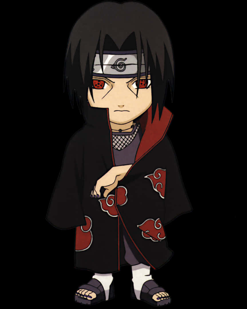 Chibi anime-ninja mustassa viitassa punaisilla pilvisymboleilla ja punaisilla silmillä — Piirtää Taustakuvat