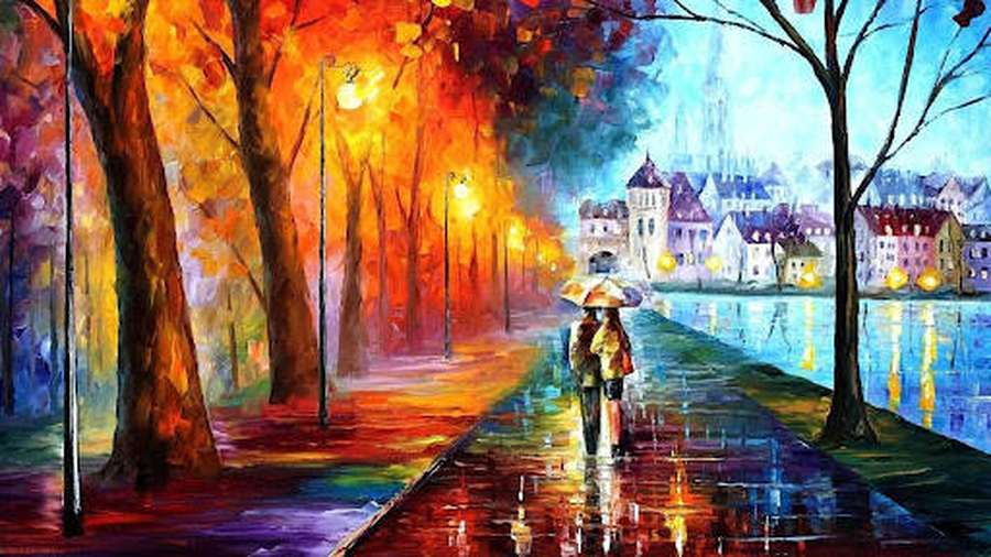 Par går i regn under paraply på våd gade med farverige efterårstræer og lysende lys. — Drawing Wallpapers