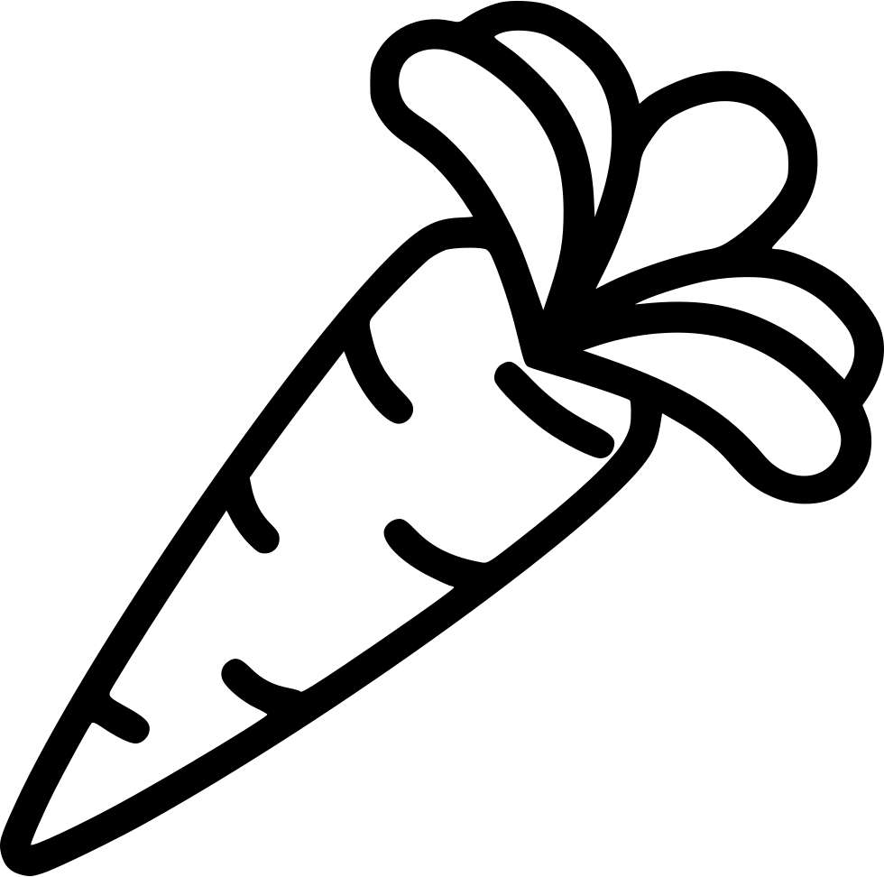 Black line drawing of a carrot with green leafy top. — Drawing PNG