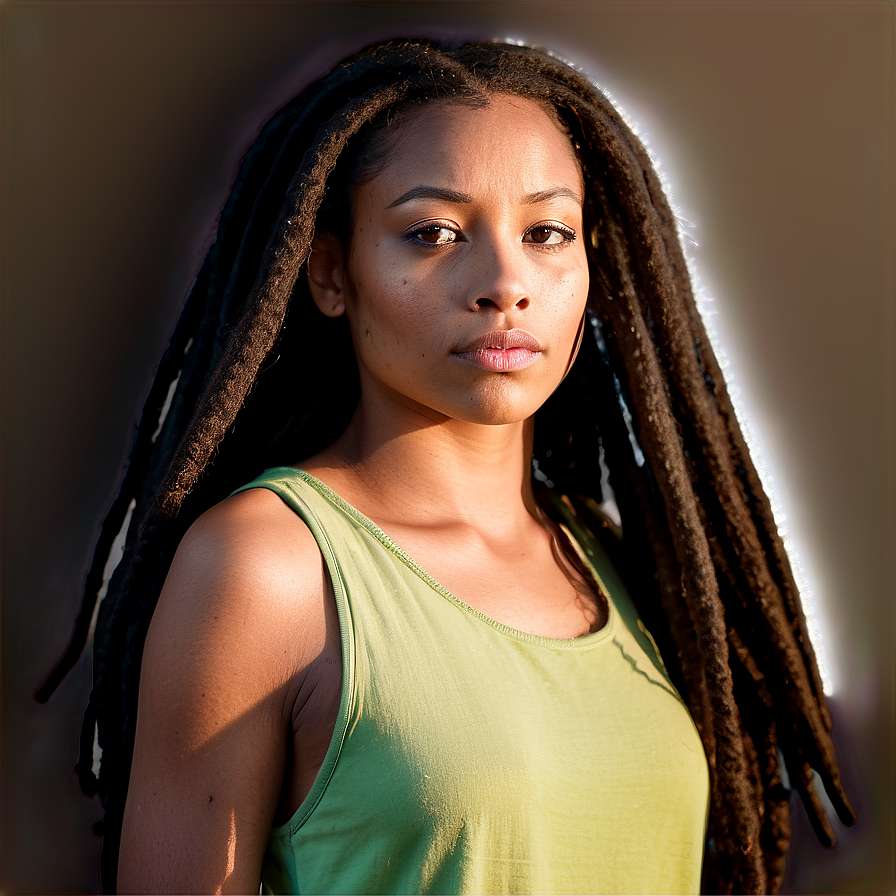 A woman with dreadlocks in a green tank top, softly lit from behind. — Dreadlocks PNG