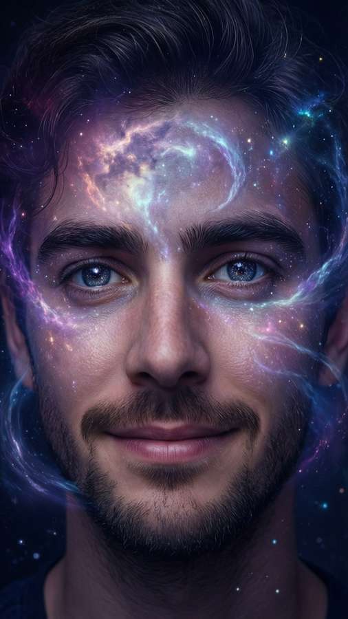 A serene portrait with nebula background and starry eyes, a dreamy smile. — Dream Smile Wallpaper
