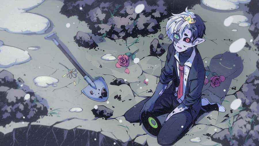 Anime boy in suit kneeling in snowy graveyard with shovel and roses — Dream Smp Background