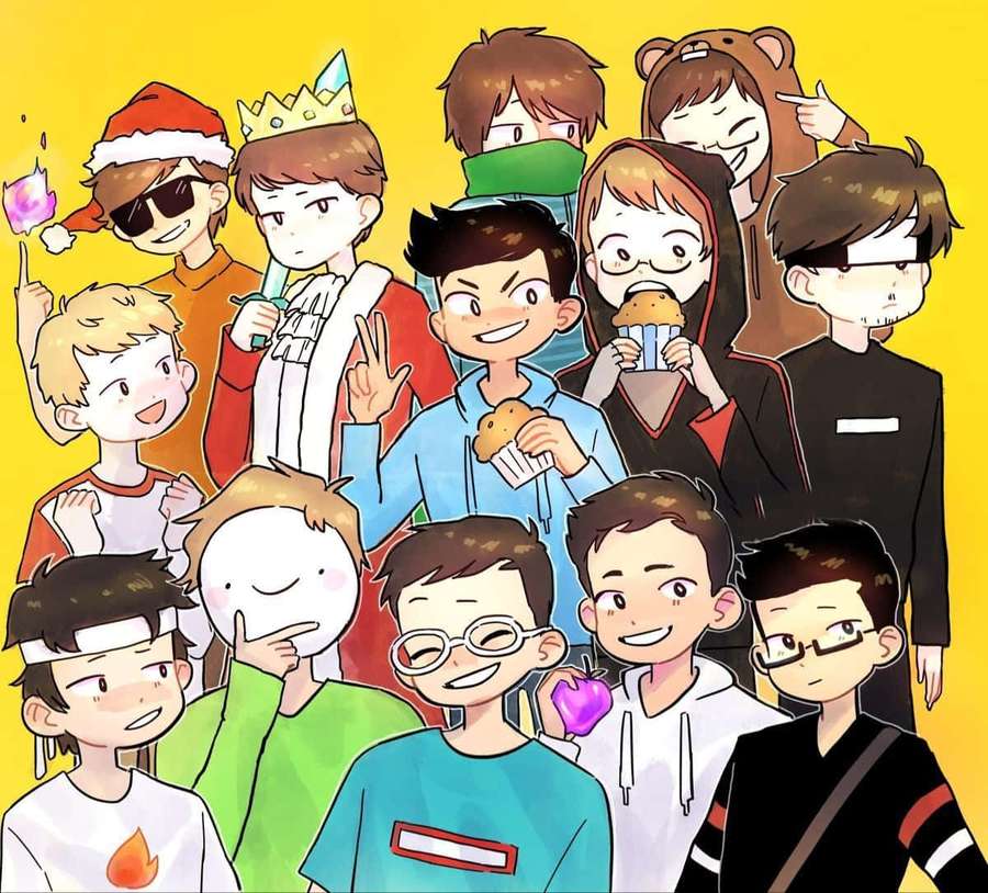 A cheerful group of anime-style young people in festive outfits posing together. — Dream Team Wallpaper