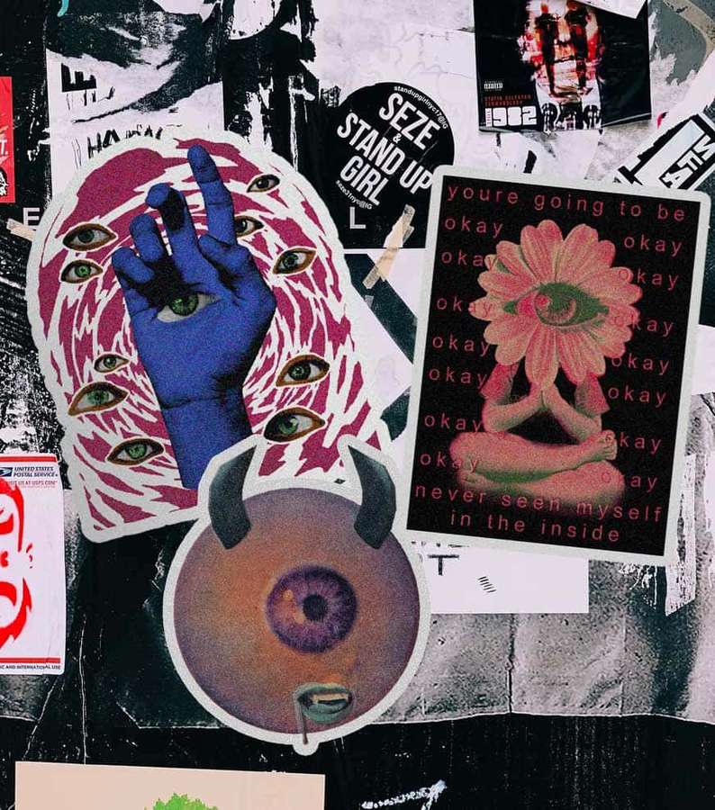 A collage of stickers with eyes, a hand, and text on a dark textured wall. — Dreamcore Aesthetic Wallpaper