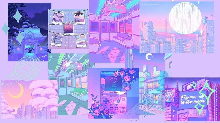 Anime collage of glowing city, temple, and subway scenes under pink purple night sky. — Dreamcore Background