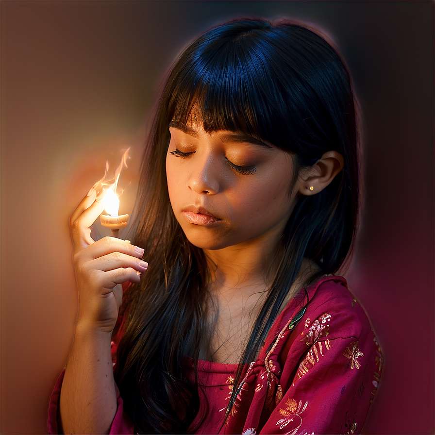 A young girl holds a small flame in her hand with eyes closed in peaceful contemplation. — Dreaming Background