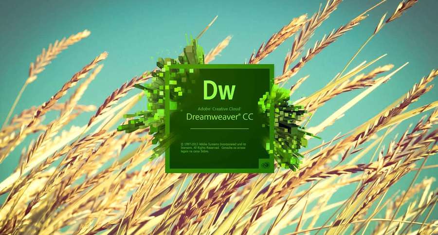 Adobe Dreamweaver CC logo surrounded by pixelated green plants and golden wheat stalks. — Dreamweaver Wallpaper