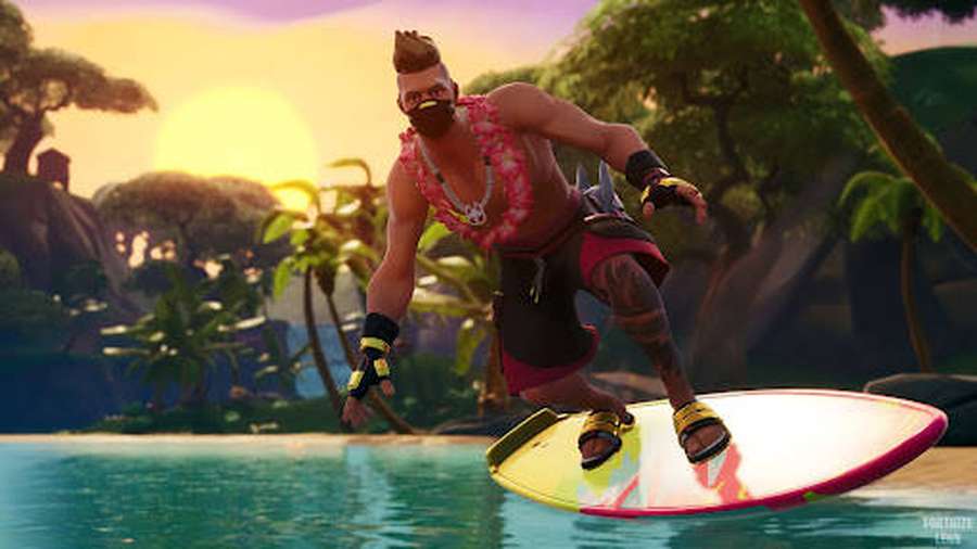 Surfer with tattoos and pink lei riding surfboard in tropical sunset water. — Drift Fortnite Wallpaper
