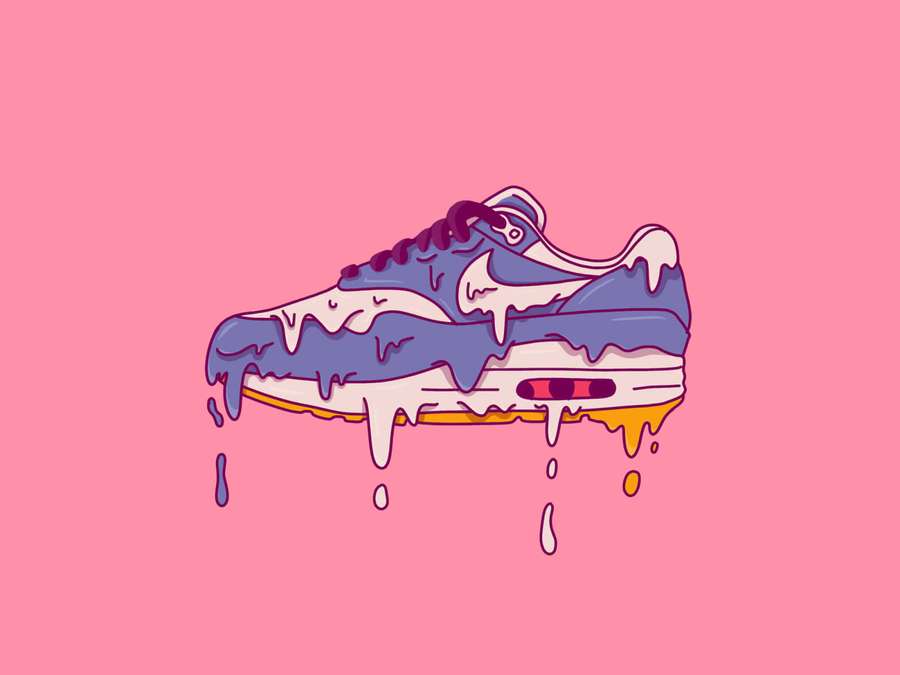 A purple and yellow dripping cake sneaker on pink background. — Drippy Picture