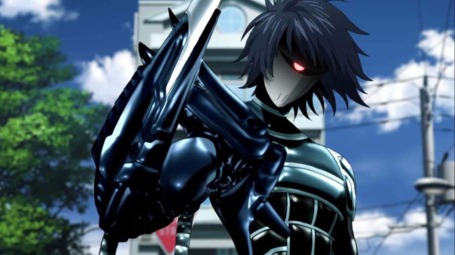 Anime warrior with glowing red eye and black armor holding a large sword outdoors. — Drive Knight Wallpaper