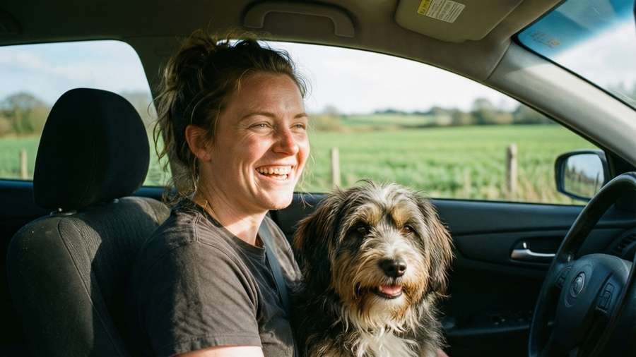 Happy driver with dog on a sunny countryside drive — Driver Wallpaper