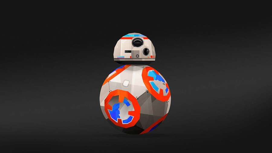 Matalapolygoninen BB-8-droidi valkoisilla, oransseilla ja sinisillä paneeleilla tummalla taustalla — Droid Taustakuvat