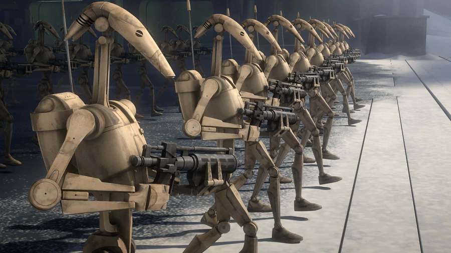 Rows of beige battle droids marching with blasters in a hangar. — Droid Army Wallpaper