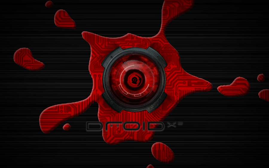 Roter Leiterplattenspritzer mit zentraler Kameralinse auf schwarzem Hintergrund — Droid Bilder