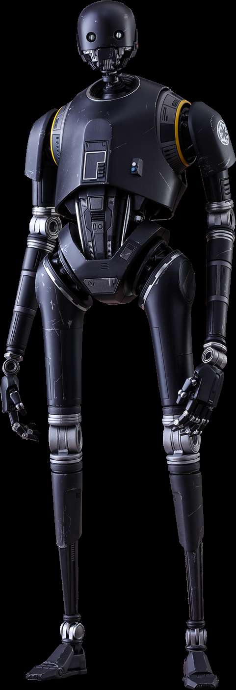 Black humanoid robot with yellow accents standing against black background — Droid PNG
