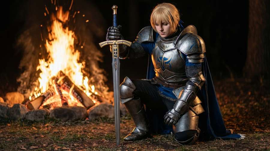 A solemn Dark Souls wallpaper of a knight paying tribute at a bonfire, with dramatic lighting. — Ds 4 Picture