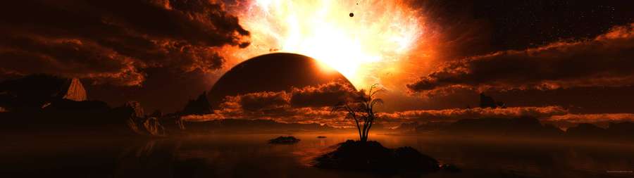 A solitary tree on an island under a glowing alien sunset with mountains and a large planet in the sky. — Dual Background