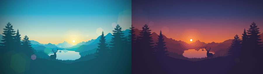 Ein Hirsch steht bei Sonnenaufgang an einem See mit Bergen und Kiefern in Silhouette. — Dual Wallpaper