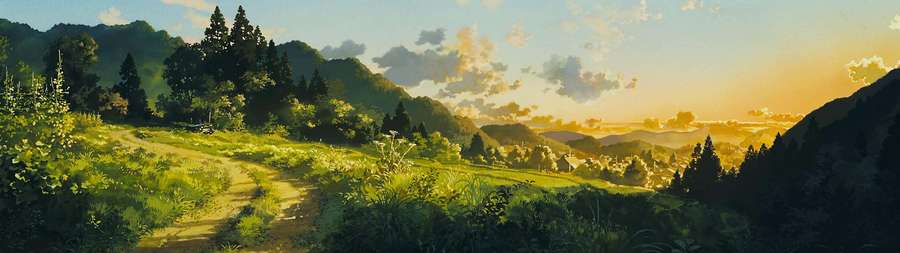 Sunset path through green hills with distant mountains and clouds — Dual Screen Background