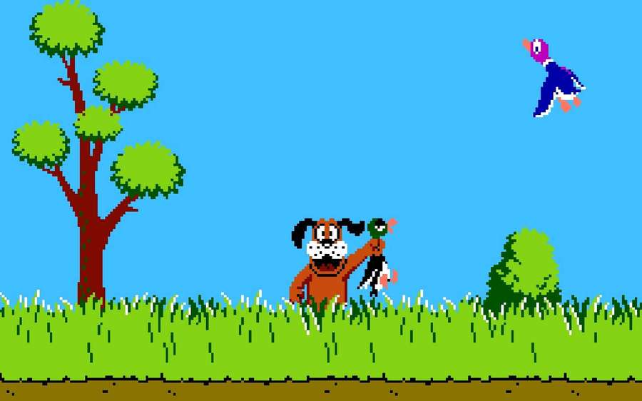 Pixel art dog holding duck in grassy field with flying bird and tree. — Duck Hunt Wallpaper