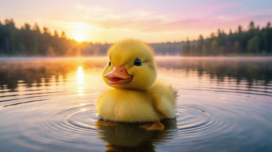 Ducklett floating on a calm lake at sunrise with golden water reflections. — Ducklett Picture