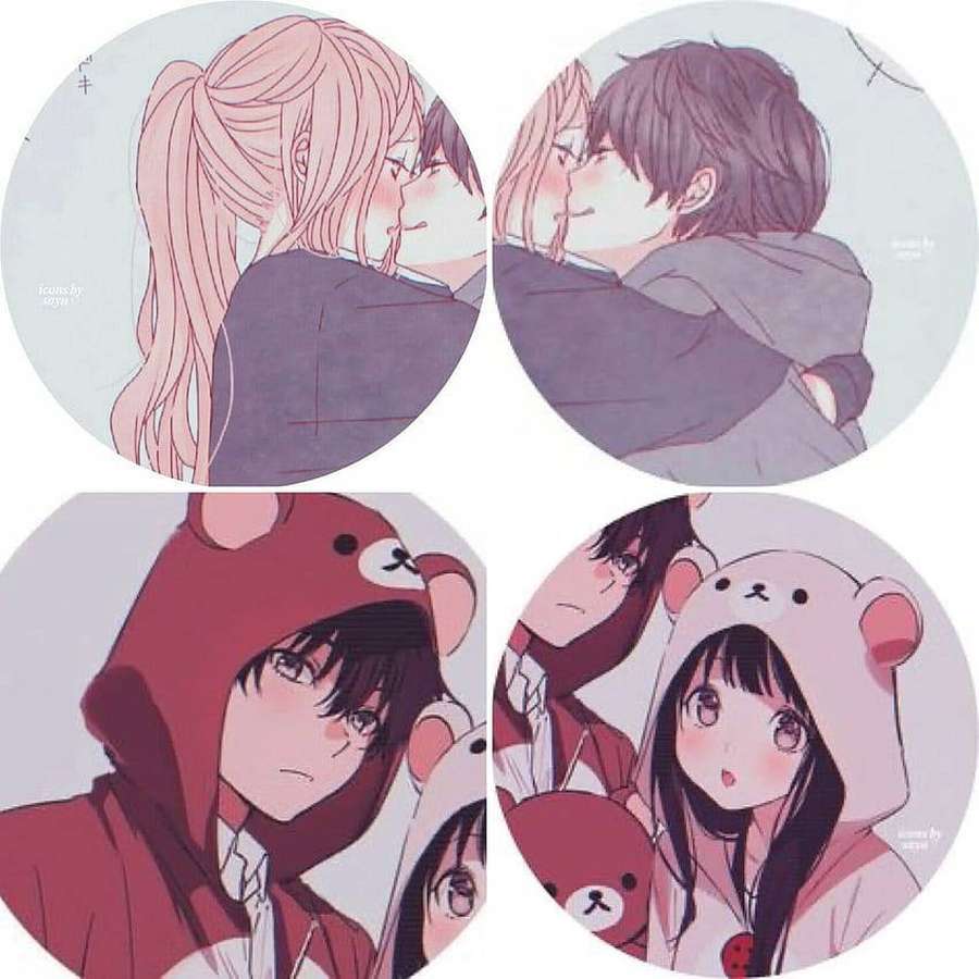 Cuatro parejas de anime en sudaderas de oso compartiendo tiernos momentos románticos. — Dulce Fondos de pantalla