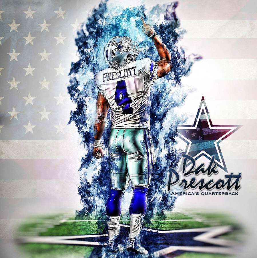Dak Prescott in Dallas Cowboys-Trikot feiert auf einem Footballfeld mit amerikanischer Flagge im Hintergrund. — Dunkle Bilder Wallpaper