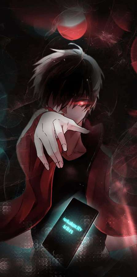 Anime-Figur mit roten Augen zeigt auf ein leuchtendes Telefon in einer dunklen kosmischen Szene. — Dunkler Anime-junge Wallpaper