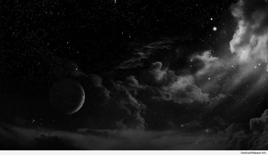Ein Planet und Sterne, sichtbar durch wirbelnde Wolken in einer schwarz-weißen Weltraumszene. — Dunkler Ästhetischer Computer Wallpaper