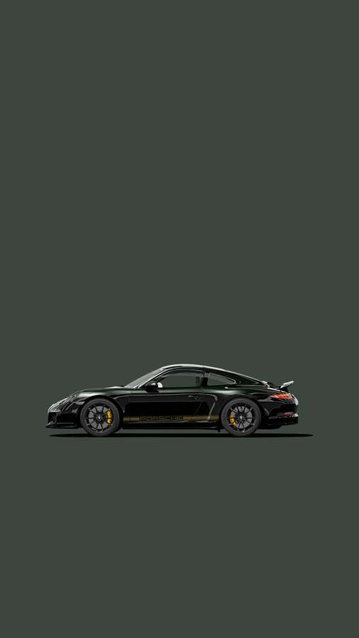 Schwarzer Porsche-Sportwagen mit gelben Akzenten auf dunkelgrünem Hintergrund — Dunkles Grün Wallpaper
