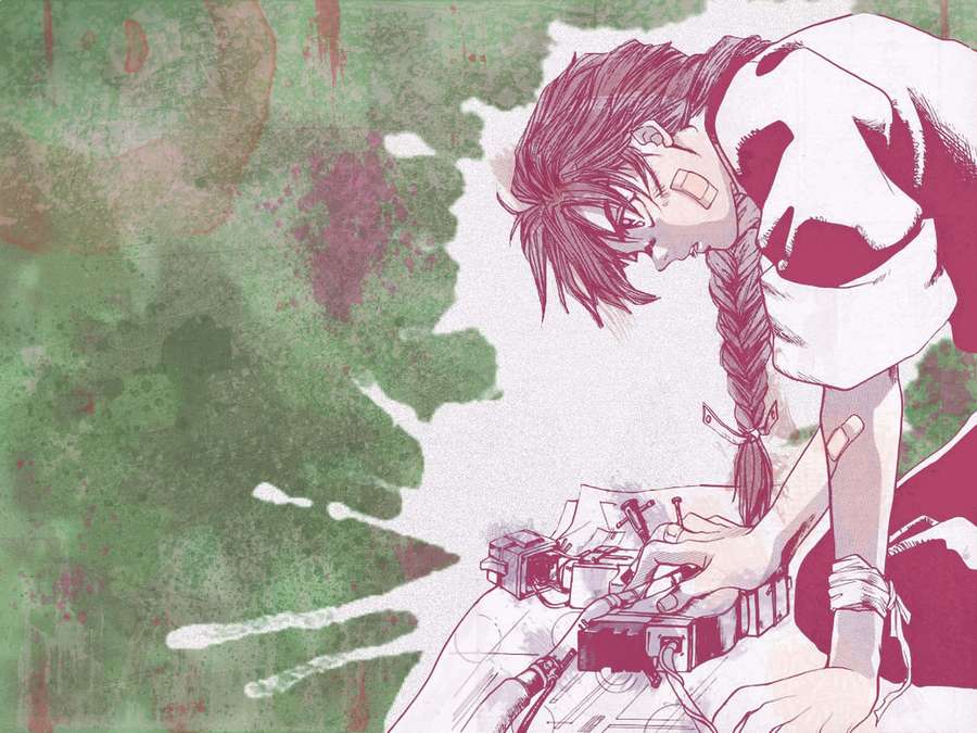 Anime-tyttö, jolla on palmikoitu hiukset, työskentelee mekaanisten laitteiden parissa grunge-vihreää taustaa vasten. — Duo Maxwell Taustakuvat