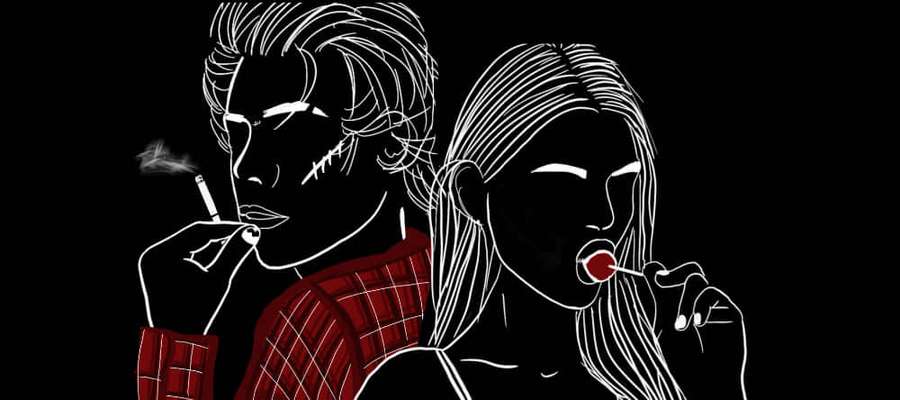 Two illustrated figures smoking and eating a lollipop against a black background. — Duplicitous Wallpaper
