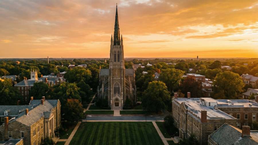 Stunning aerial view of Duke University campus with Duke Chapel glowing at golden hour. — Durham Picture