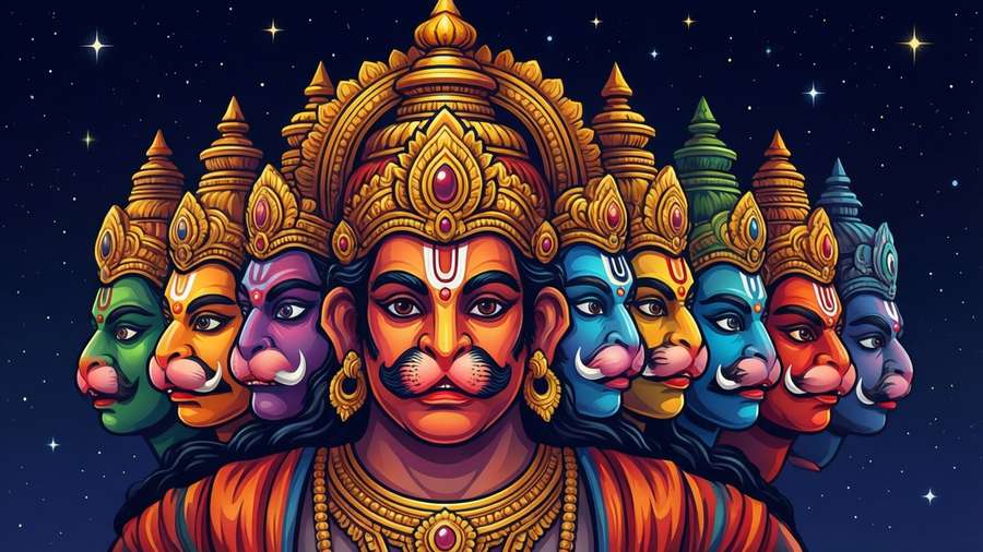 Stylized vector Ravana with ten colorful heads, starry night background. — Dussehra Wallpaper